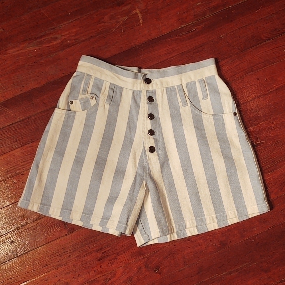 Sienna Blue/White Vertical Stripes Button Fly High Rise Denim Shorts Sz 11/12